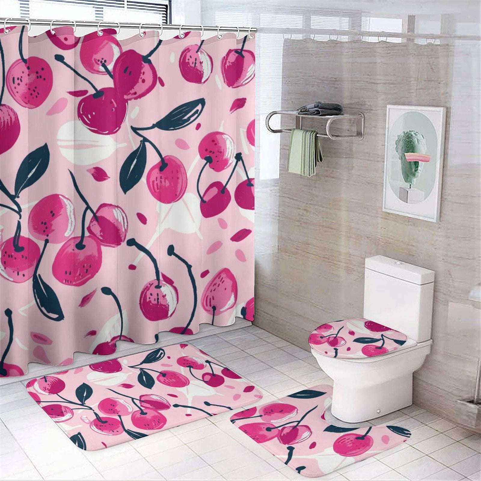 CLXMCS Cherry Pink Jacquard 94 Bathroom Shower Curtain Set, 4PS