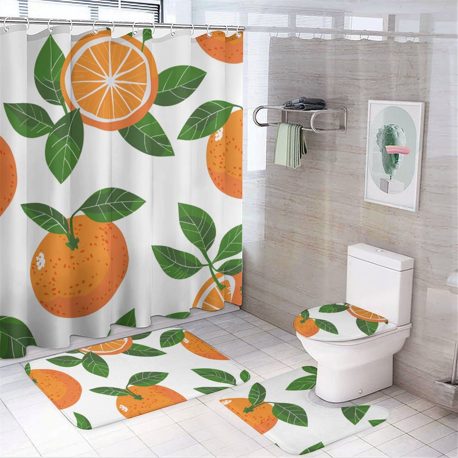 CLXMCS Clean Tangerine Illustration 266 Bathroom Shower Curtain Set, 4PS Bathroom Rugs Sets with