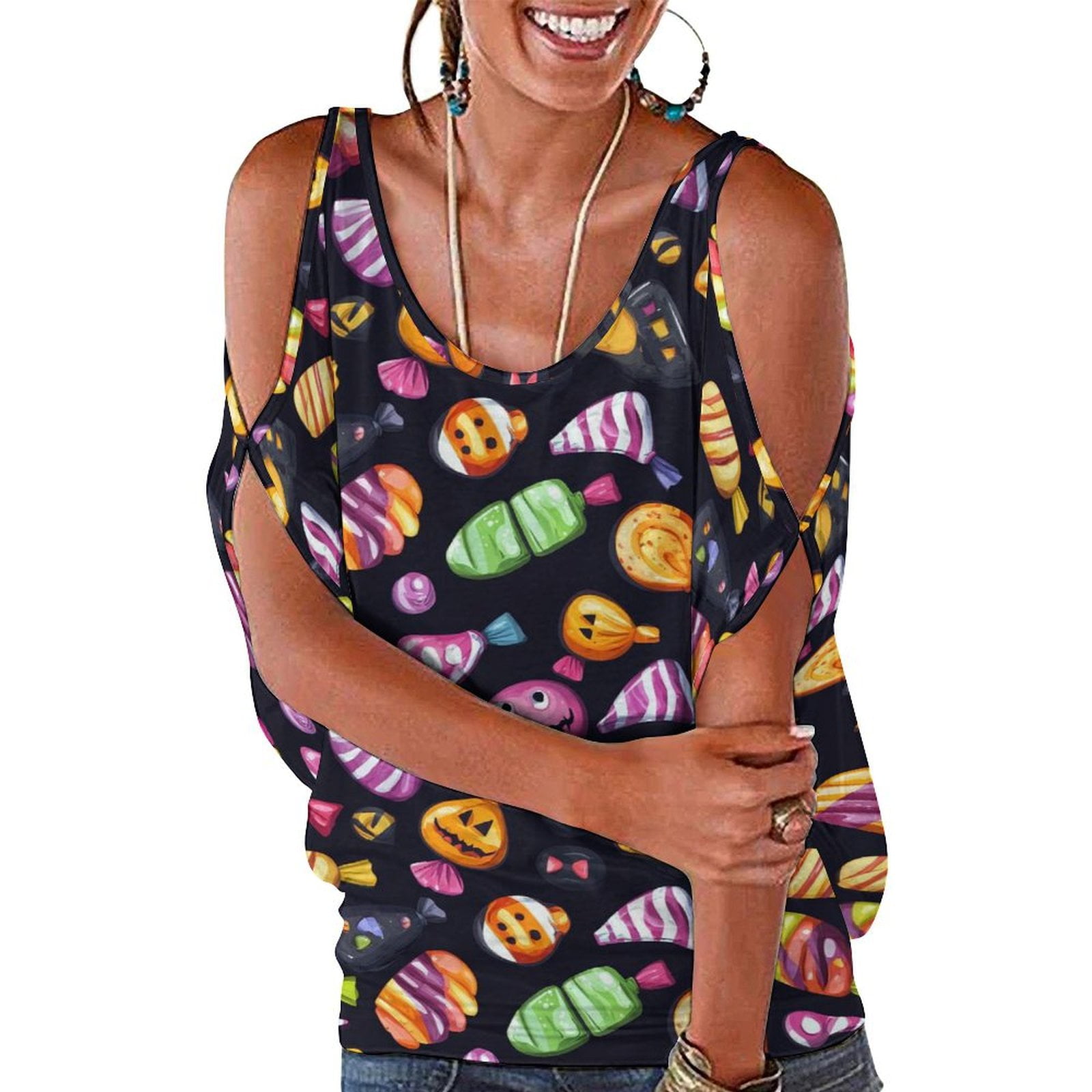 CLXMCS Creepy Halloween Candy 146 Women Cold Shoulder Tops, Casual Open