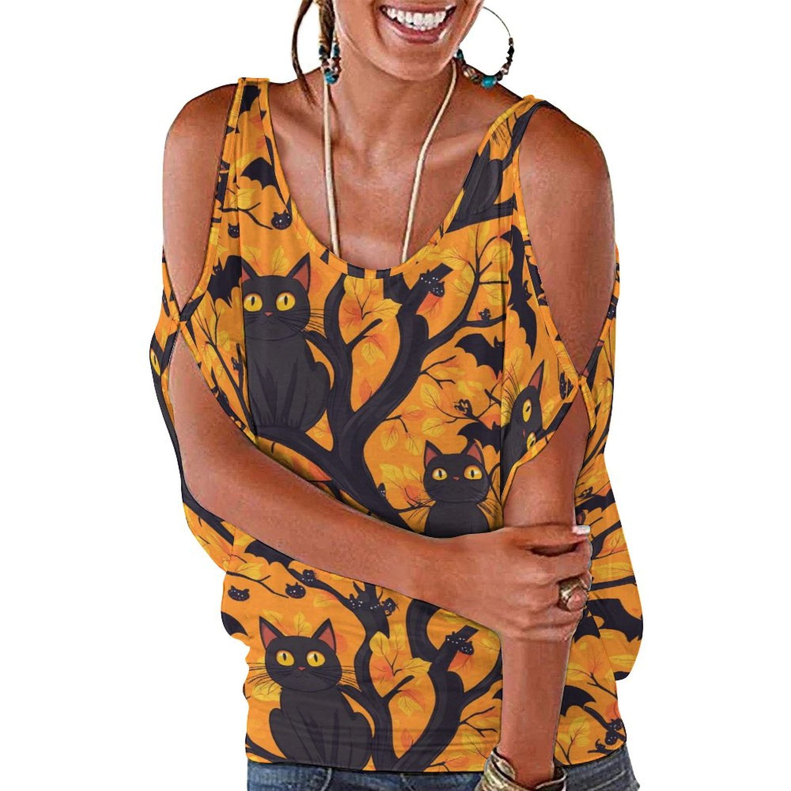 CLXMCS Cute Halloween Black Cat 88 Women Cold Shoulder Tops Casual Open Shoulder Tops Short Sleeve Off the Shoulder Tops