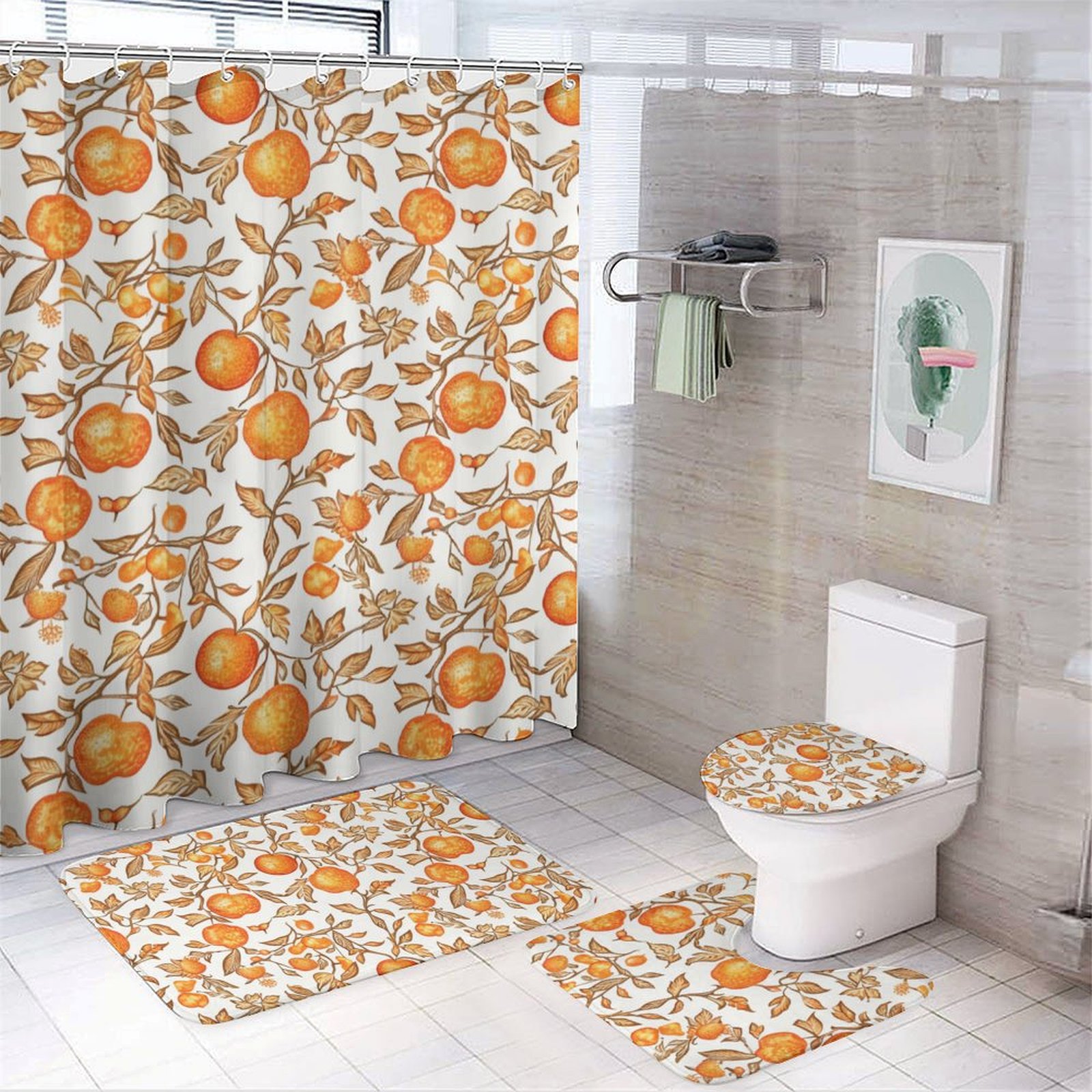 CLXMCS Elegant Orange Ornaments 235 Bathroom Shower Curtain Set, 4PS