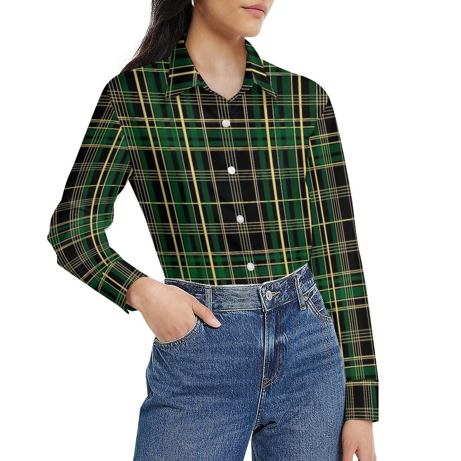 CLXMCS Green Plaid337 Women's Long Sleeve Tops, Button Down Shirts