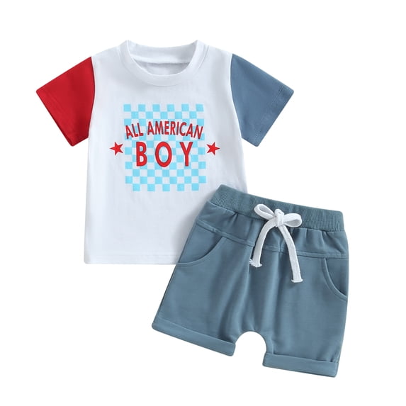 Aojekbee Independence Day Baby Clothes Suits Stars Letter Print Contrast Color Short Sleeve T-Shirts Tops and Shorts 2Pcs Set