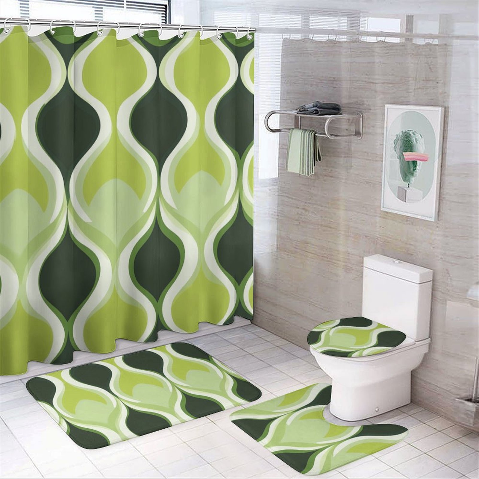 CLXMCS Lime Moroccan Wave 2206 Bathroom Shower Curtain Set, 4PS
