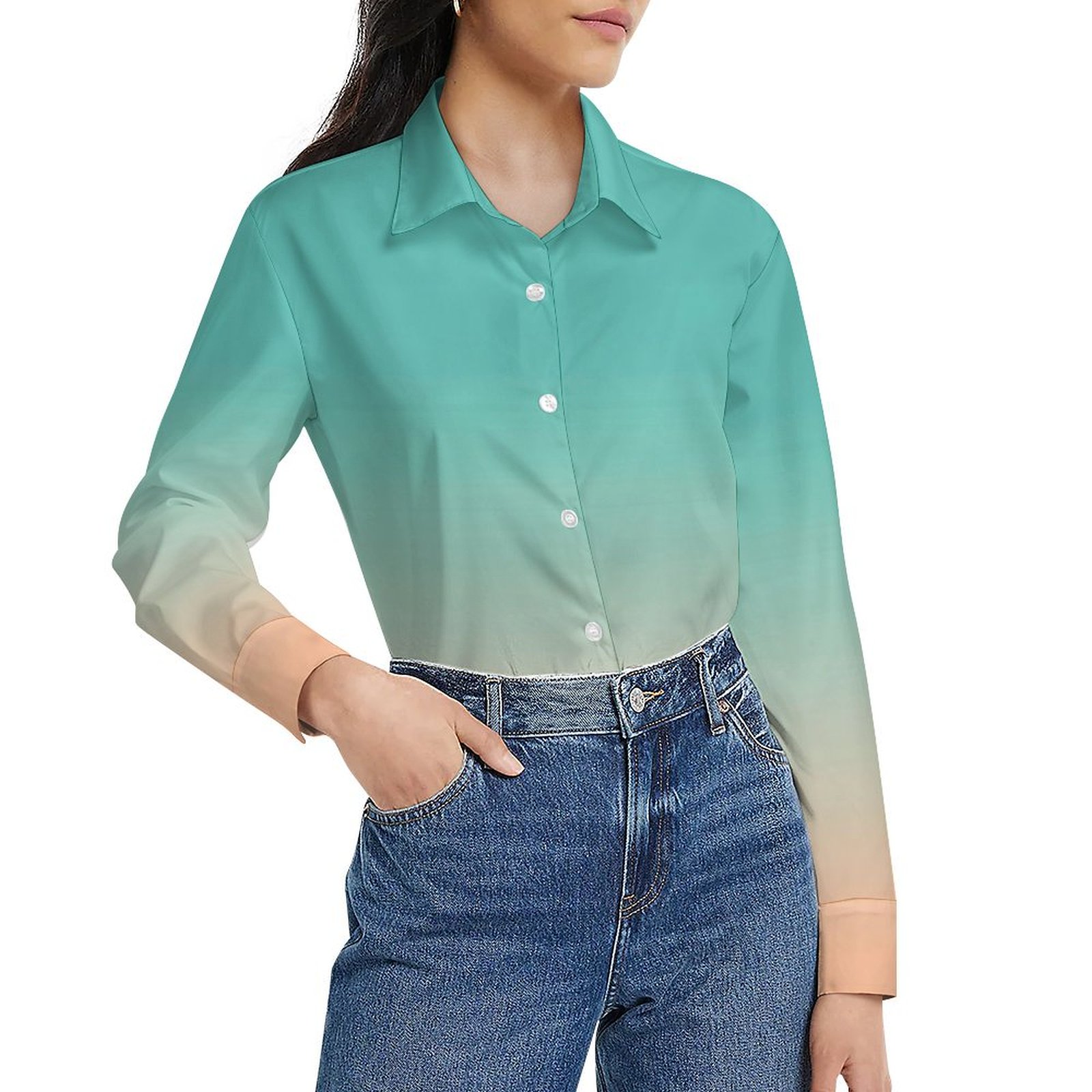 CLXMCS Mint Teal Peach 2085 Women's Long Sleeve Tops, Button Down