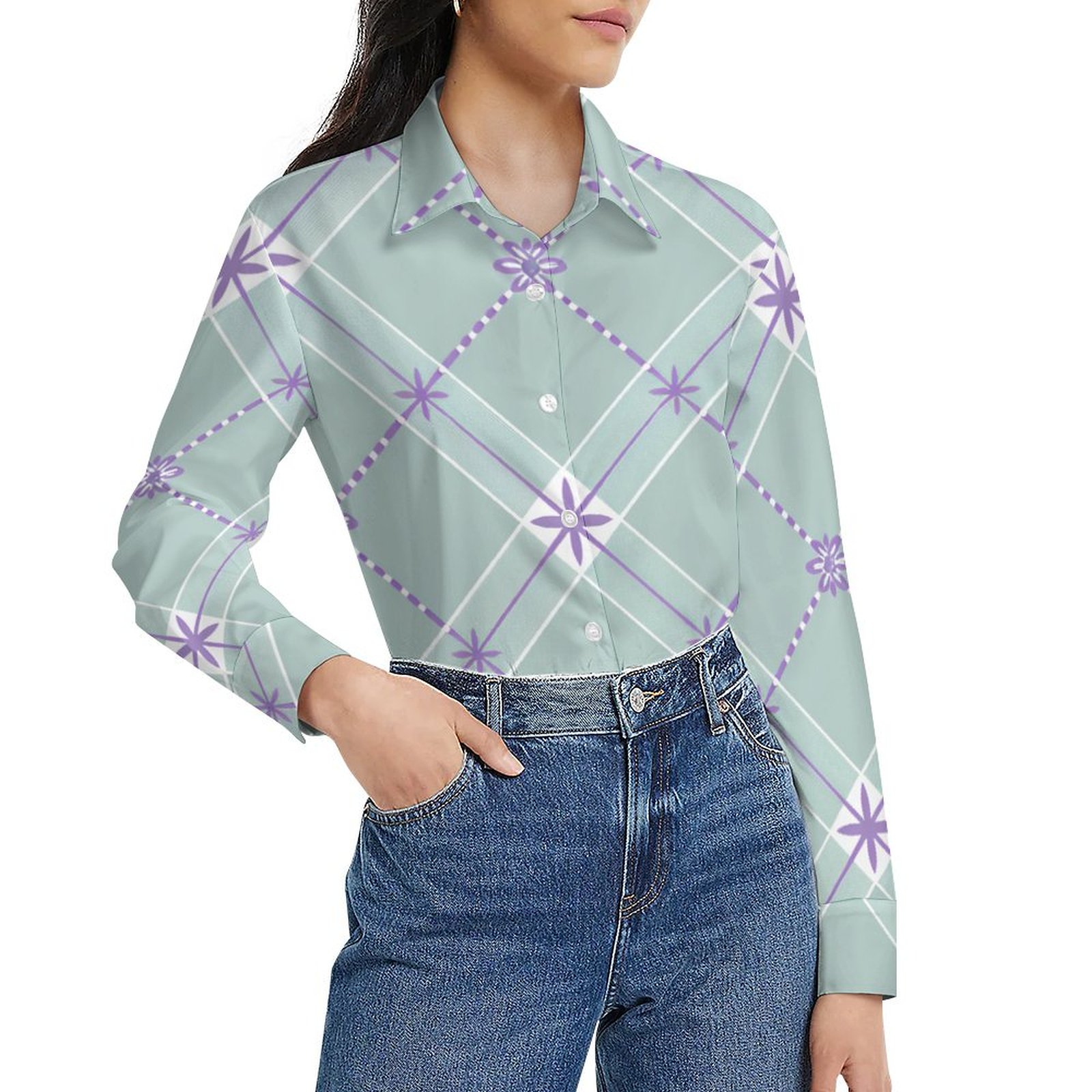 CLXMCS Ornate Check Motifs 130 Women's Long Sleeve Tops, Button Down