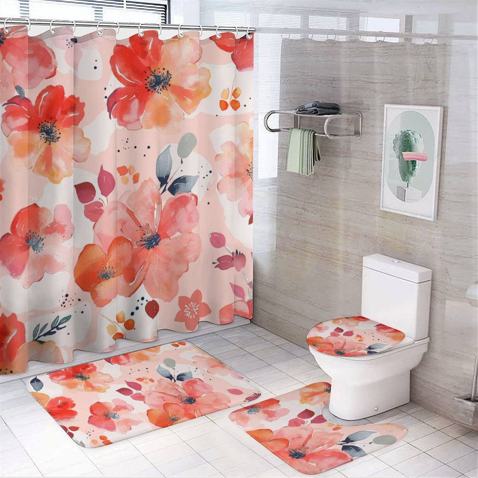 CLXMCS Peach Red Flower7157 Bathroom Shower Curtain Set, 4PS Bathroom