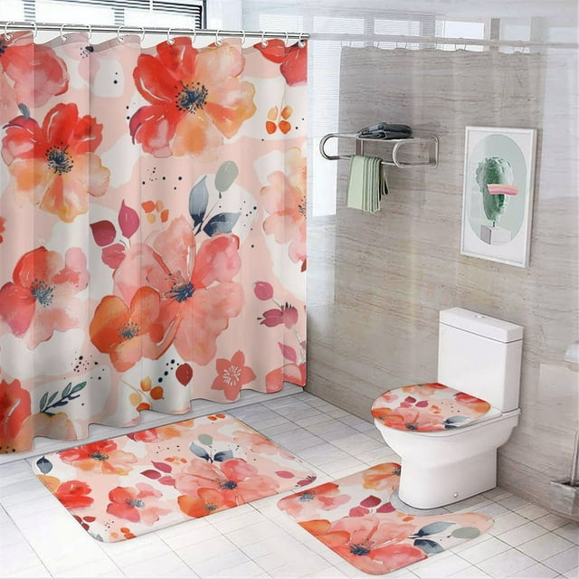 CLXMCS Peach Red Flower7157 Bathroom Shower Curtain Set, 4PS Bathroom