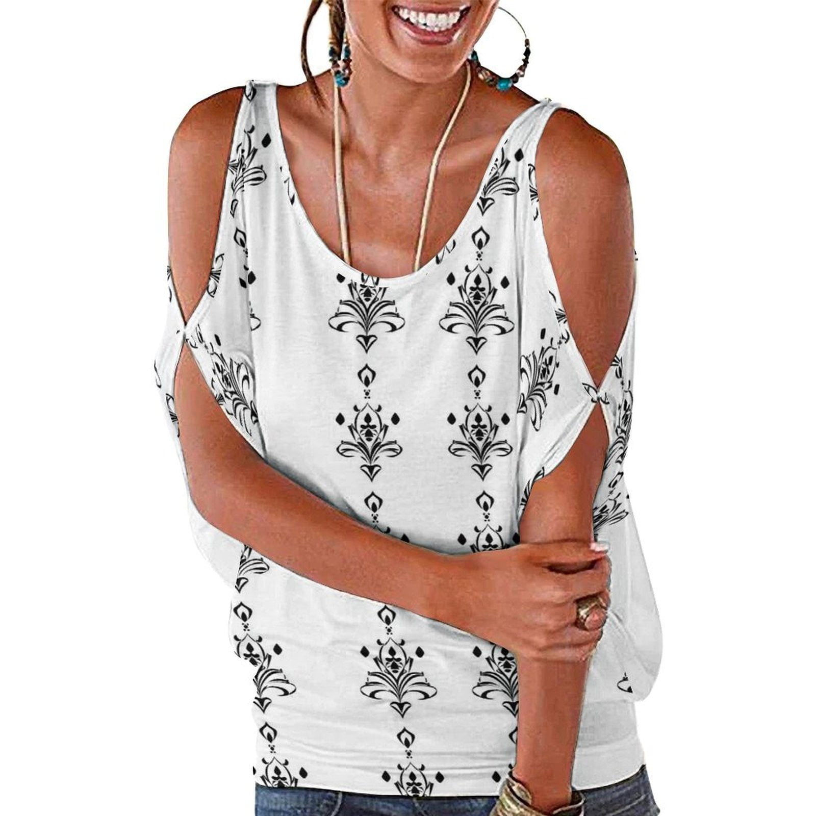 CLXMCS Regal Crown Motifs 254 Women Cold Shoulder Tops, Casual Open