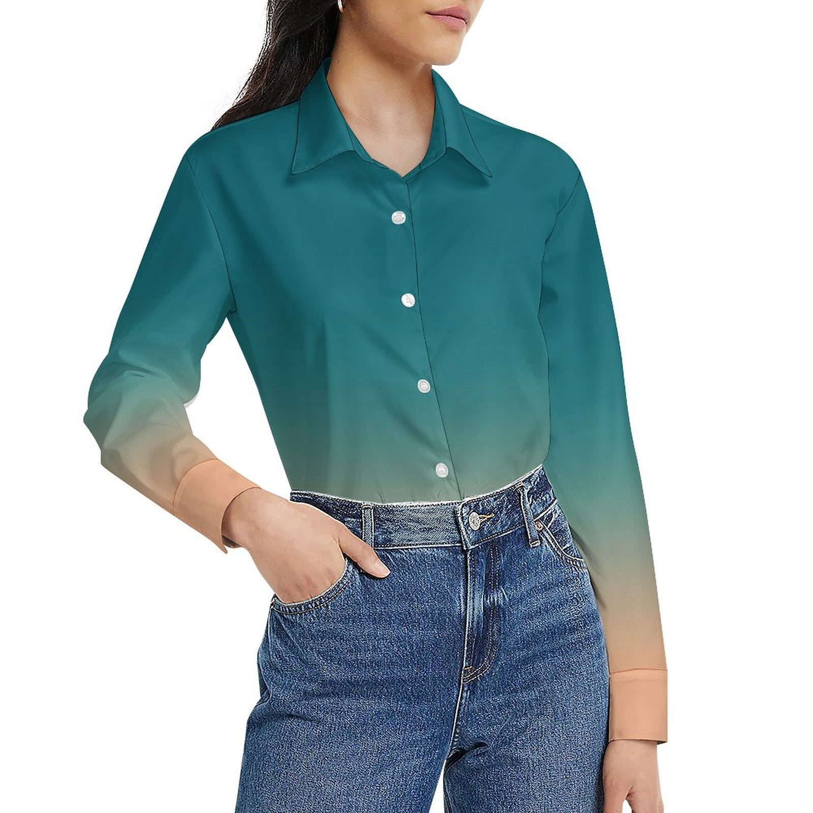 CLXMCS Teal And Peach Fusion 3917 Women's Long Sleeve Tops, Button Down