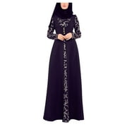 CLZOUD Dresses Casual Purple Polyester Women Dress Kaftan Arab Jilbab Abaya Lace Stitching Maxi Dress L