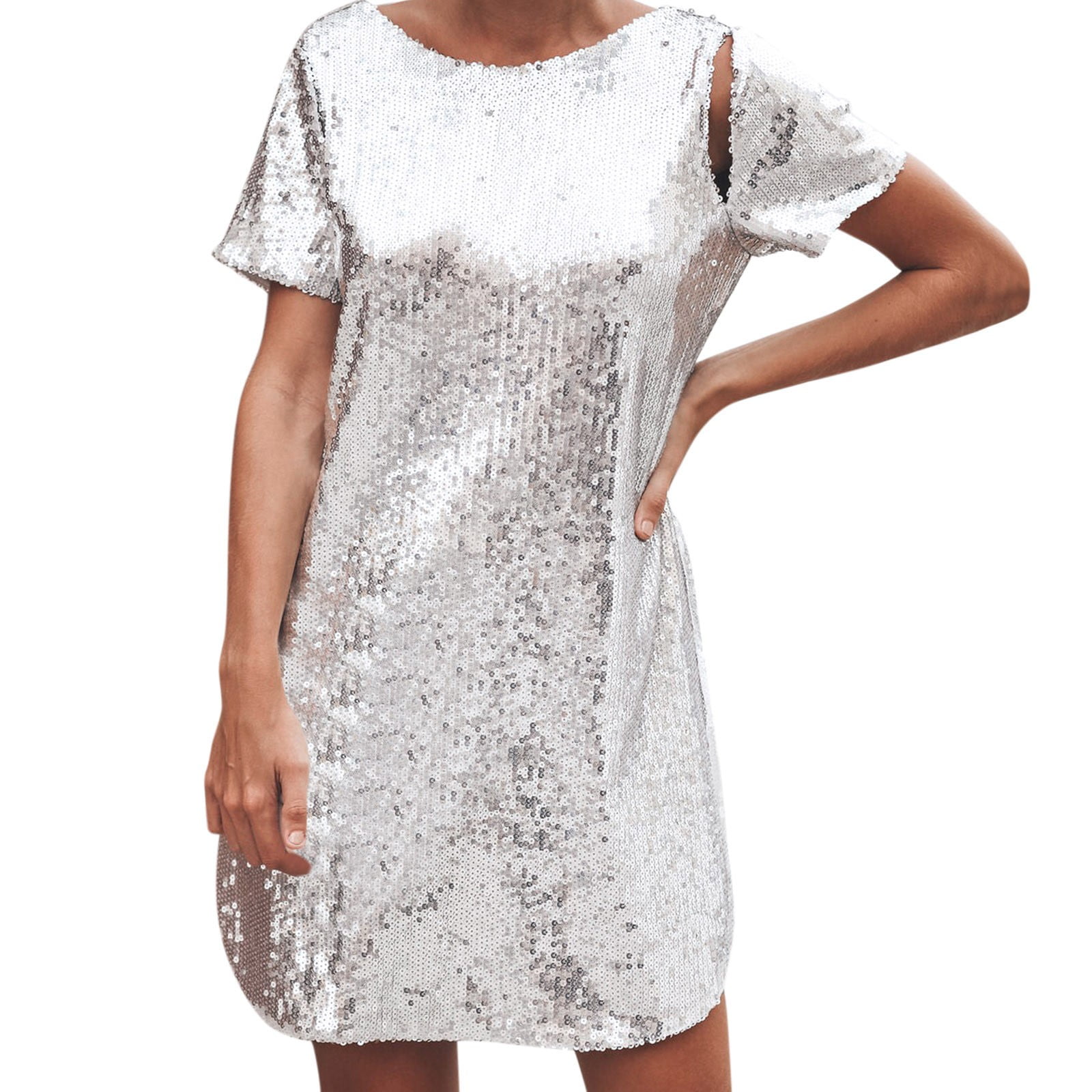 CLZOUD Flowy Dresses for Women Silver Polyester Women's Sequin Glitter