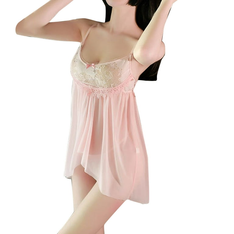 CLZOUD Transparent Lace Sleepwear Pink Womens Lace Nightdress Mesh Halter  Sleepwear Nightgowns