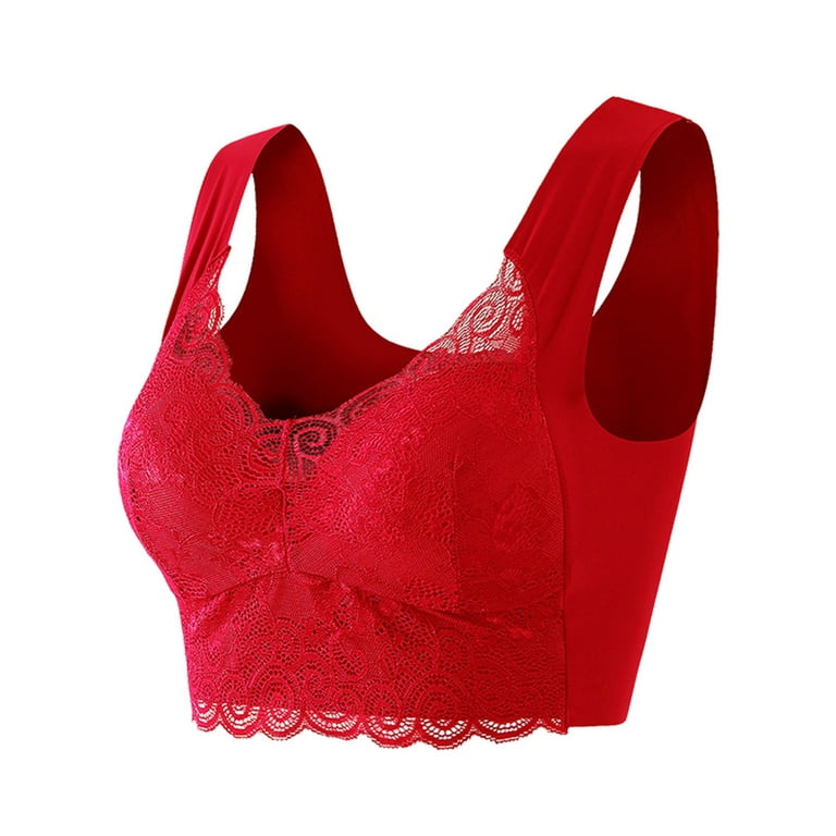 CLZOUD Wide Strap Bras for Women Red Nylon Thin Comfortable Full Cup Woman  Gathered without Underwire Upper Support Pair Bra Vest Lace Bra L