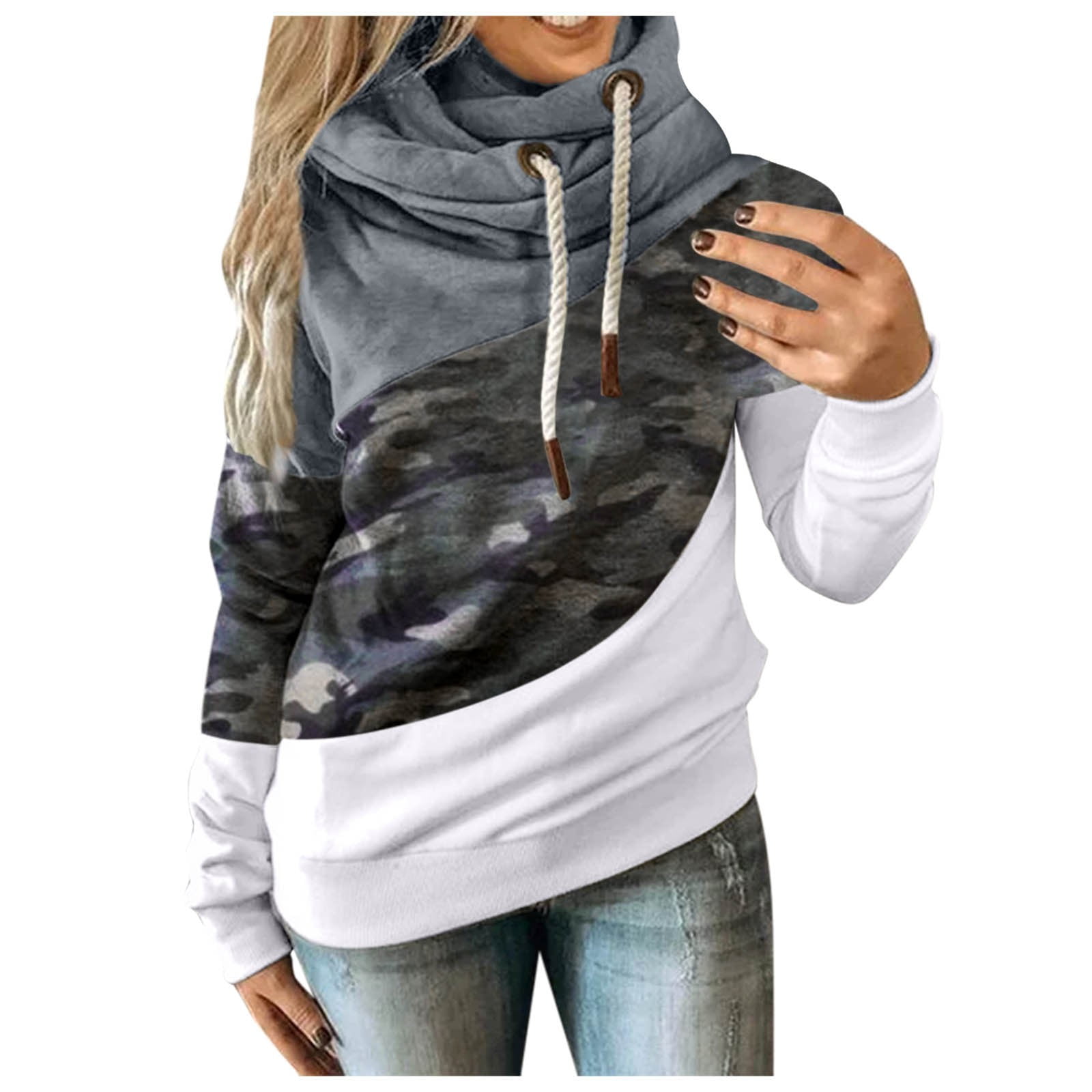 Casual Patchwork Draw String Contrast Hooded Collar Tops Casual Patchwork Draw String Contrast Hooded Collar Tops