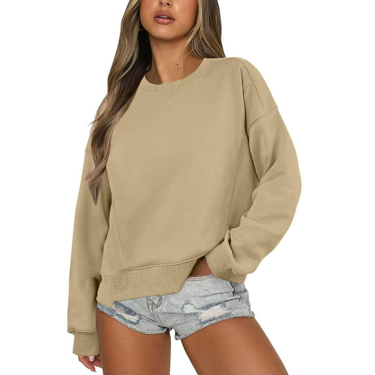 CLZOUD Women Oversized Sweatshirt Solid Color Oversized Sweater Crewneck Casual Loose Pullover Long Sleeve Hoodie Drop Shoulder Blouse Beige L Walmart