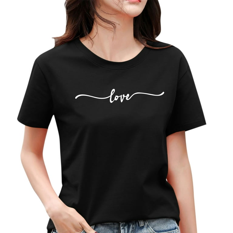 CLZOUD Women Shirts Black Polyester,Spandex Womens Summer Top Printed Short  Sleeve Crew Neck T Shirt Printed Top L