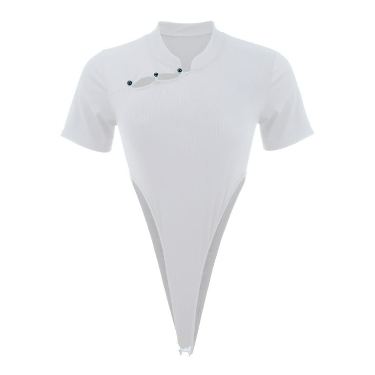 CLZOUD Women T Shirt White Women\'s Crotch Triangle Hollow Open Waist Short  Sleeve Tight Hot Girls Button T Shirt Summer L
