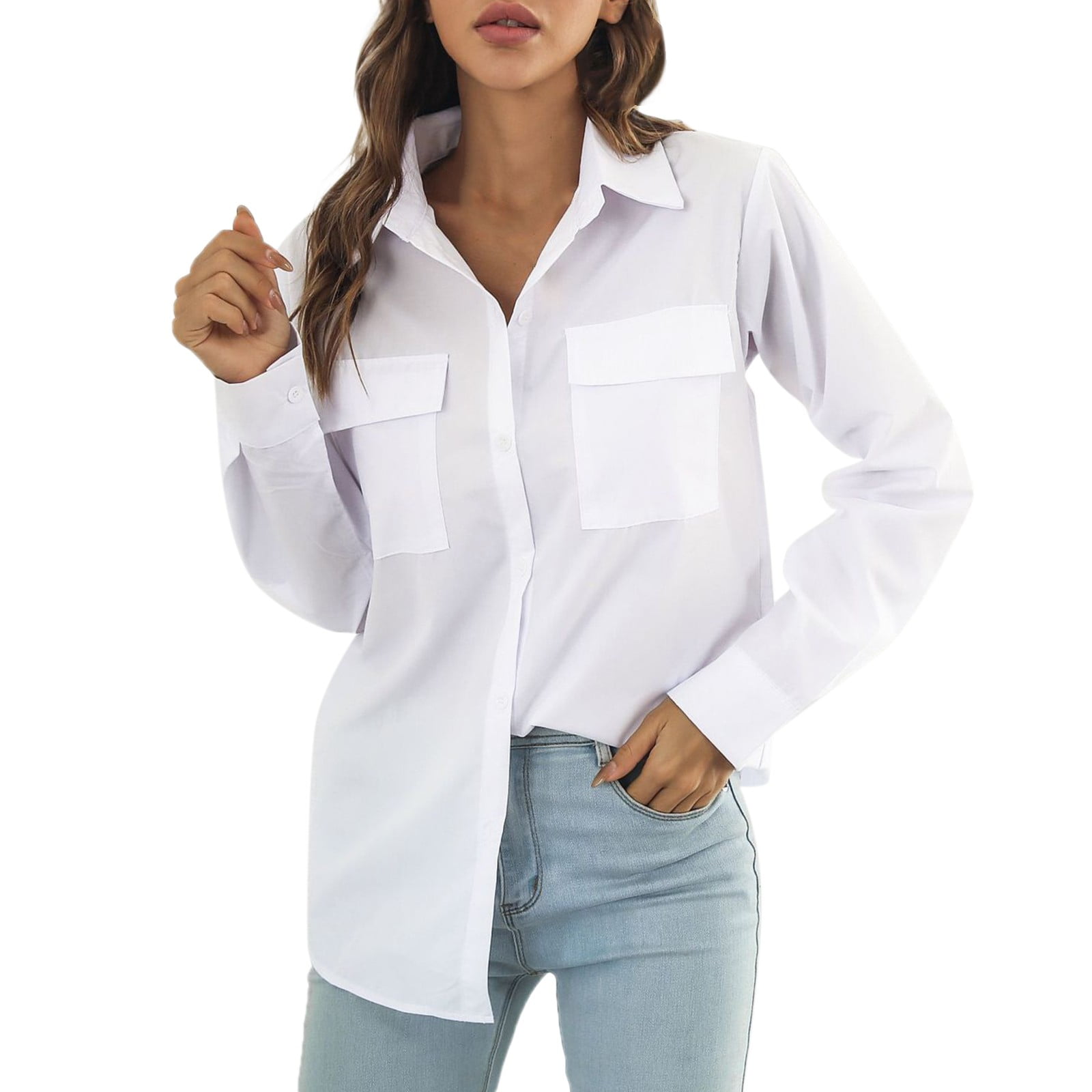 CLZOUD Women’s Shirts White Polyester Womens Pocket Blouses Tops 