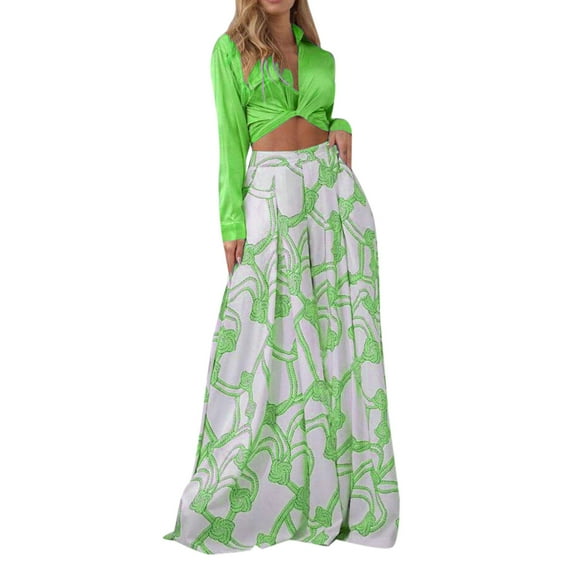 CLZOUD Women's Summer Dresses Green Polyester,Spandex Women Long Sleeve Print Lapel Lace Up Shirt Party Elegant High Waist Wide Leg Pants Two Piece Set Xxl