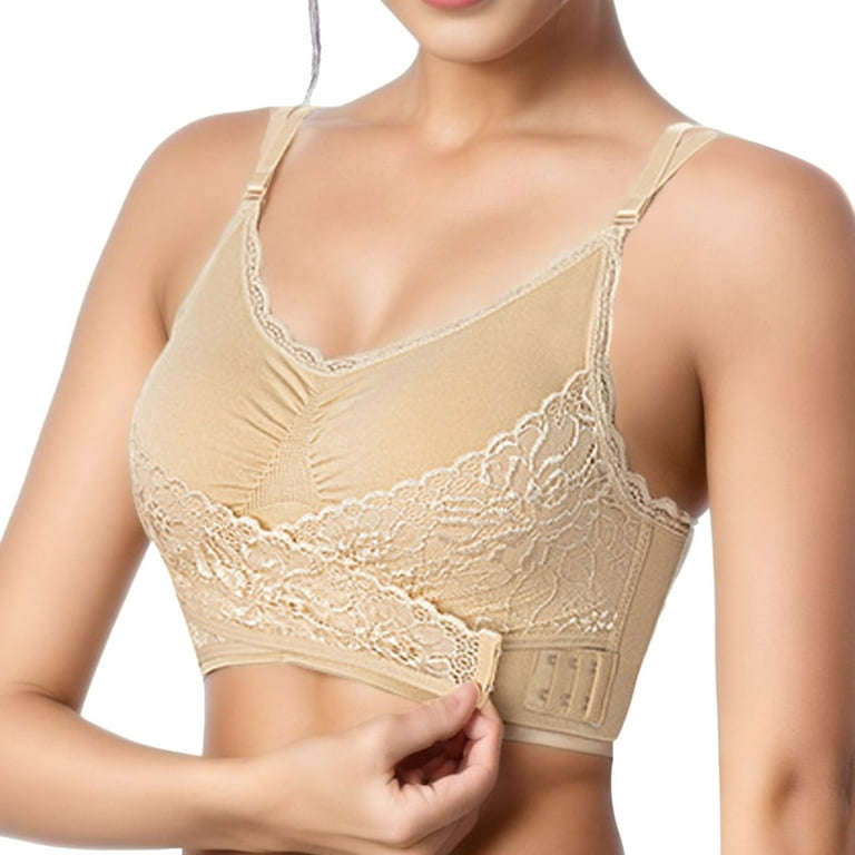 CLZOUD Womens Comfortable Bras Women Comfy Corset Bra Front Side Buckle  Strappy Criss Cross Crop Lace Bras Slim and Shape Bra Beige M 