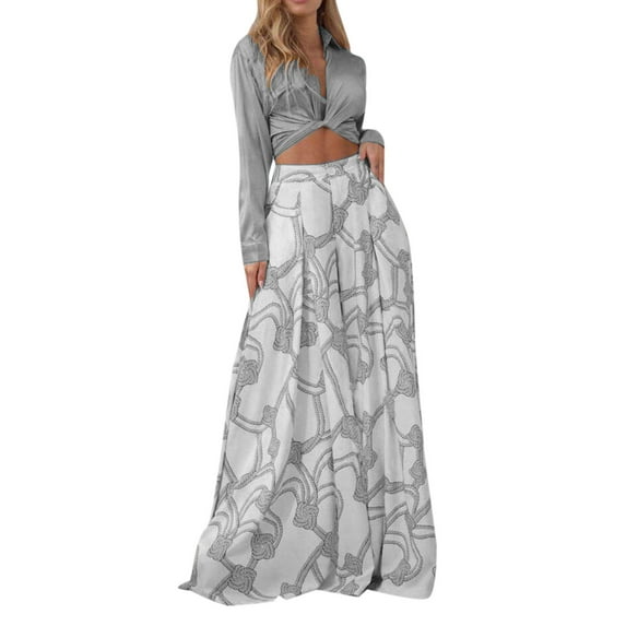CLZOUD Womens Fashion Dresses Grey Polyester,Spandex Women Long Sleeve Print Lapel Lace Up Shirt Party Elegant High Waist Wide Leg Pants Two Piece Set S