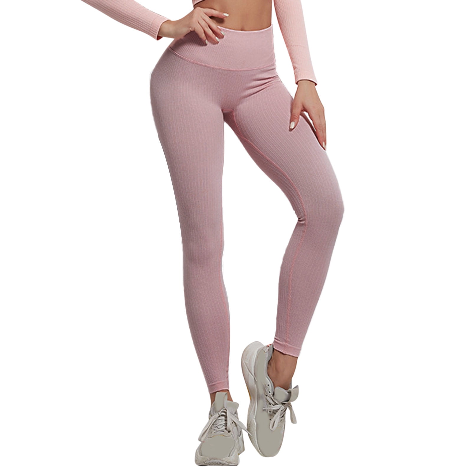 CLZOUD Yoga Outfits for Women Pink Nylon Women's Solid Pants Tummy Control  Workout Leggings High Waist Yoga Pants