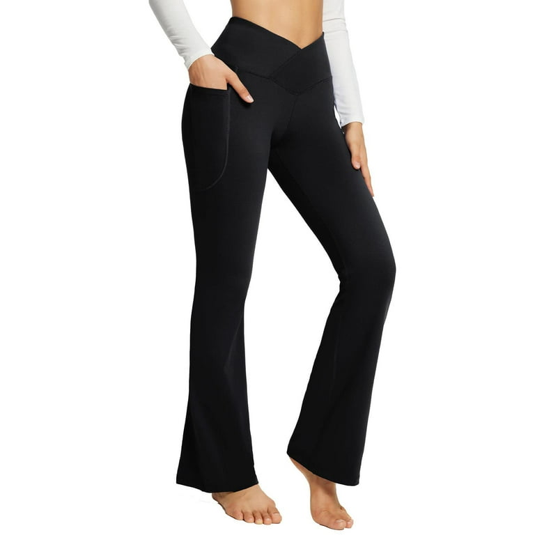 CLZOUD Yoga Pants Women Black Polyester,Spandex Women Leggings High Waist  Stretchy Bootcut Yoga Workout Causal Trendy Pants with Pockets 