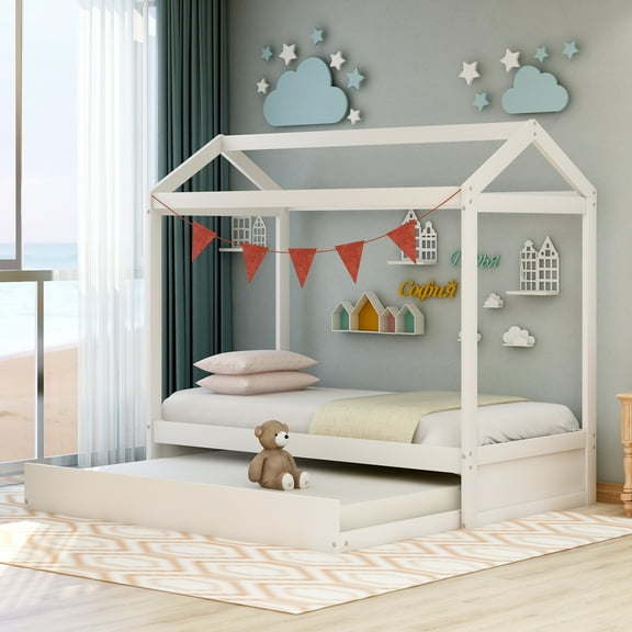 CLearance! House Bed with Trundle, can be Decorated,White(Old SKU:SM000103AAK)