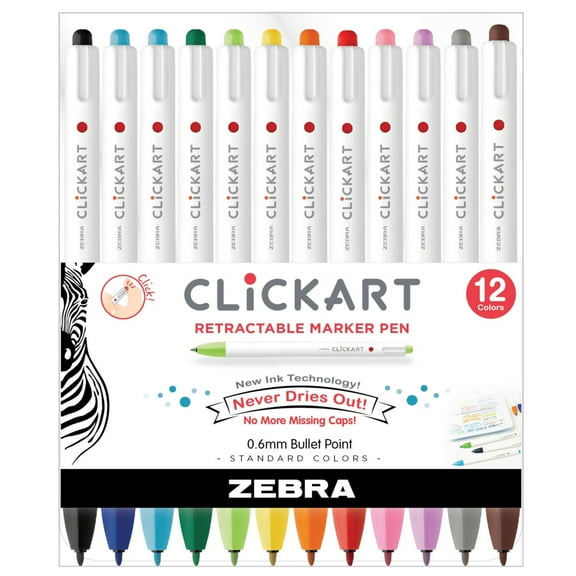 CLiCKART Retractable Marker, 0.6 mm Fine Bullet Point Tip, Assorted Colors, Pack of 12