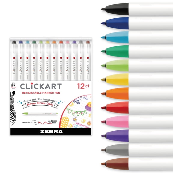 CLiCKART Retractable Marker, 0.6 mm Fine Bullet Point Tip, Assorted Colors, Pack of 12