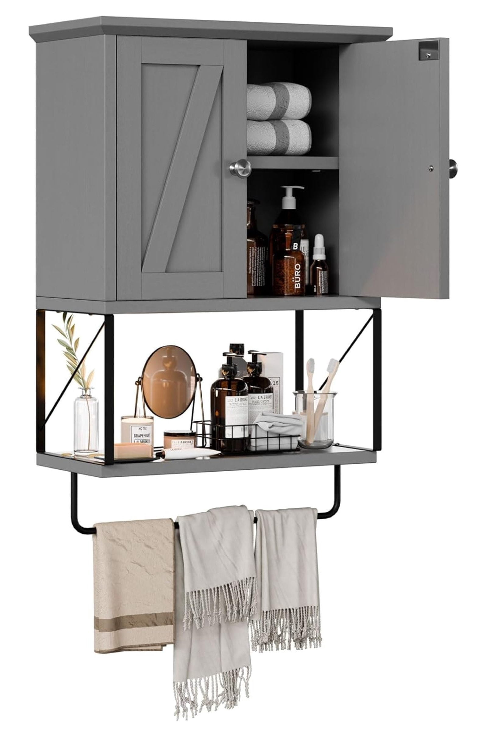CLkPde Bathroom Cabinet Wall Mounted with Towels Bar, Over The Toilet Storage Cabinet with Doors ...