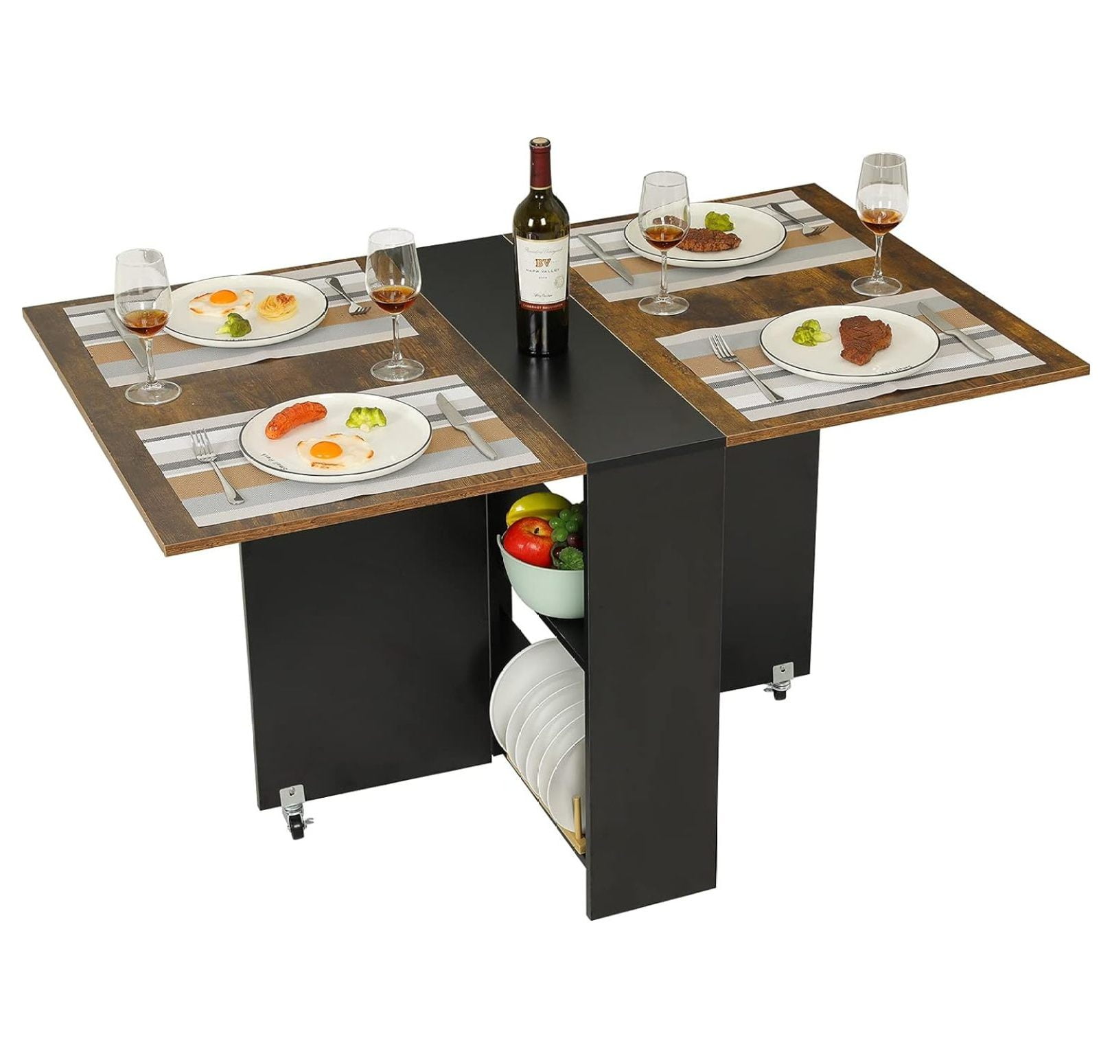 CLkPde Folding Dining Table with 6 Wheels, Folding Kitchen Table with 2