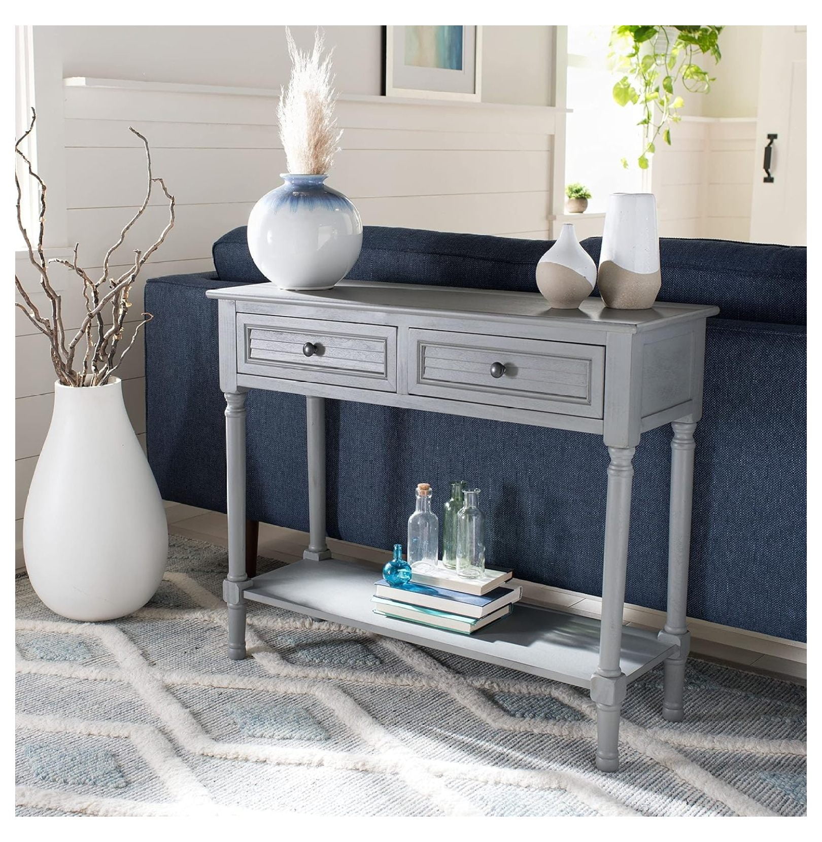 Distressed Gray Pinewood Hallway Table with Storage