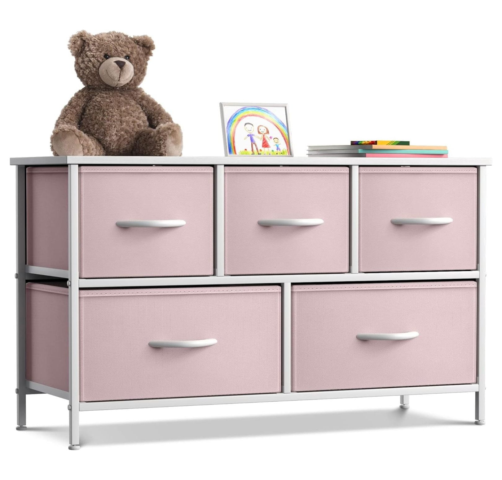 Pastel Pink 5-Drawer Fabric Storage Dresser with Steel Frame