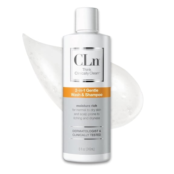 CLn 2-in-1 Gentle Wash & Shampoo, 8 fl oz, Hydrating Body Wash & Clarifying Shampoo for Sensitive Skin