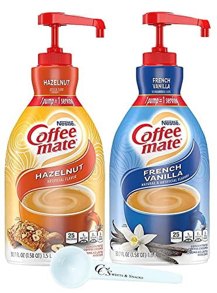 CM French Vanilla and Hazelnut Liquid Concentrate Creamer with Pump, 1.5 Liter Bottles with CC's Sweets & Snacks Scoop