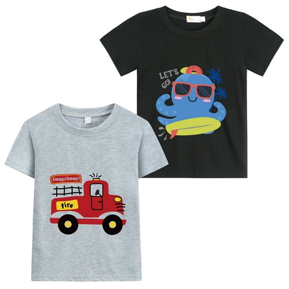 CM-Kid Boys 2-Pack T Shirts Fire Truck Printed Octopus Graphics Cotton Short Sleeve Gray Black Summer Tops shirts 7T