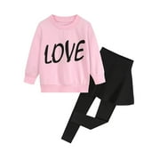 CM-Kid Girls Clothes Set Outfit Heart Print Fleece Sweatshirts Top and Leggings Set 6T