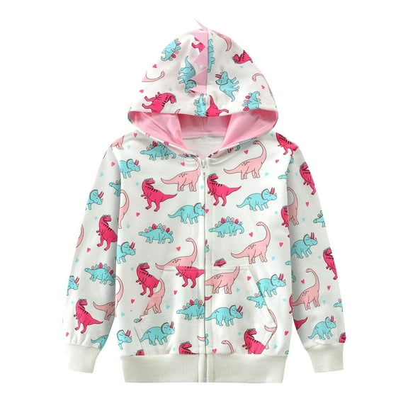 POPTEM Girls Zip Up Hoodie Dinosaur Hooded Sweatshirts Casual Jacket White Size 7