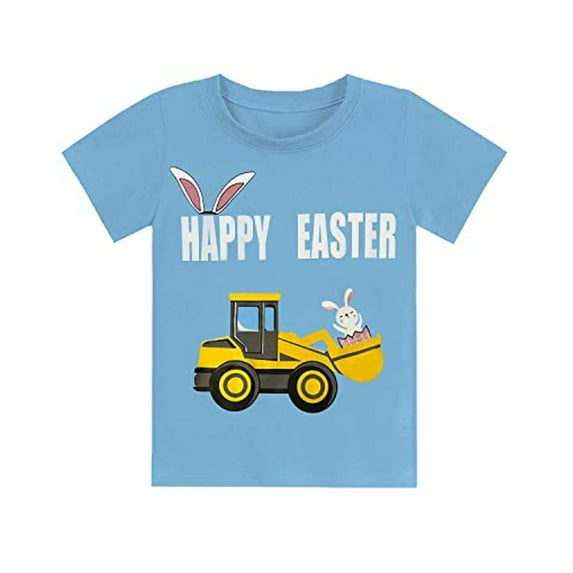 POPTEM Toddler Boys Easter T-Shirts Excavator Printed Unisex Cotton Short Sleeve Summer Tops Blue 2T