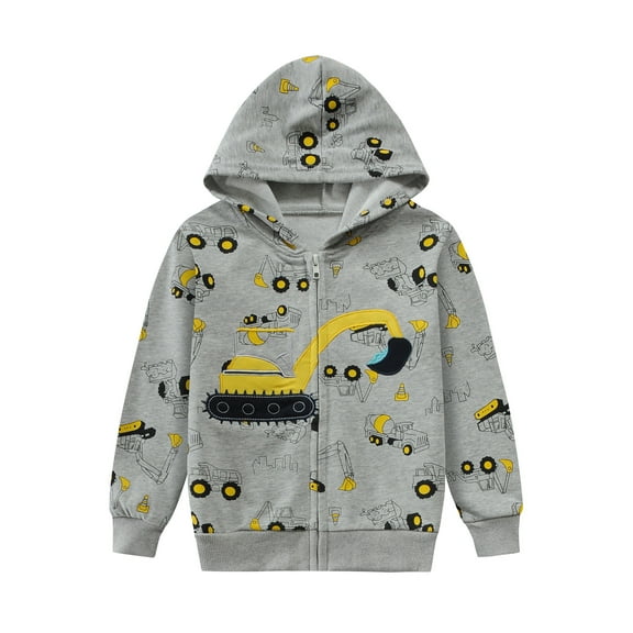 POPTEM Toddler Boys Sweatshirt Front Zipper Hoodie Excavator Sweater Casual Jacket Tops Grey 4T