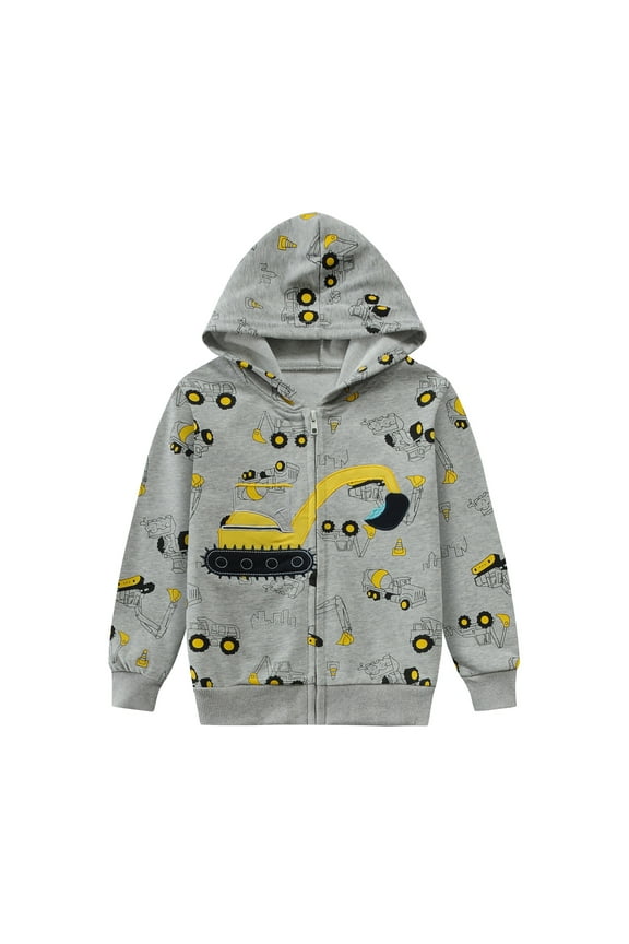 Toddler Boys Sweatshirt Front Zipper Hoodie Excavator Sweater Casual Jacket Tops Grey 4T