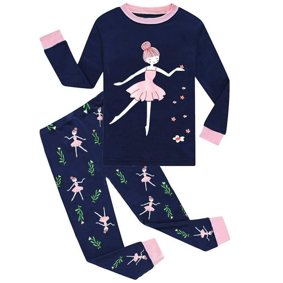 POPTEM Toddler Girls Long Sleeve Pajamas Princess Dancer Printed Casual Sleepwear Navy Blue 4T