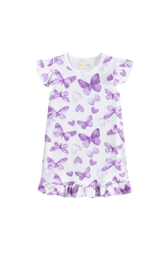 Toddler Girls Nightgown Butterfly Sleep Dress Ruffle Sleeves Sleepwear White 4T