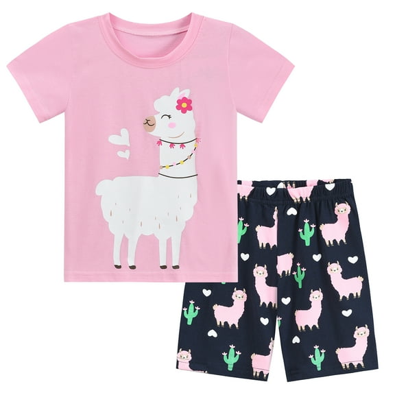 DDSOL Toddler Girls Pajamas Alpaca Graphic Short Sleeves Pjs 2-Pieces Sleepwear Sets Pink 2T