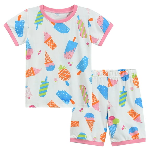 DDSOL Toddler Girls Pajamas Icecream Graphic Short Sleeves Cotton Sleepwear Sets 2-Pieces White 3T