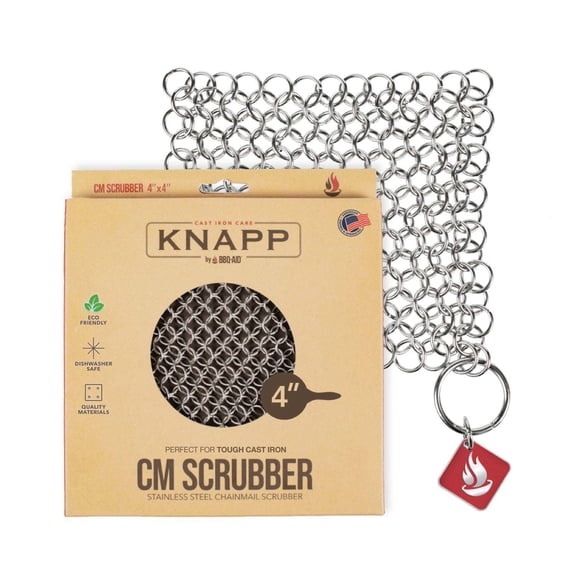 CM SCRUBBER Knapp Made Original 4" Cast Iron Scrubber- Chainmail Scrubber for Cast Iron Pans, Hard Anodized Cookware and Other Pots. Stainless Steel Cast Iron Cleaner.