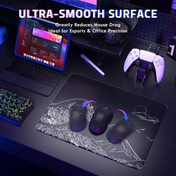 CM05SE Glass Gaming Mouse Pad, Nano-Etched Tempered Surface for FPS & Esports, Ultra-Smooth Low Friction Hard Mat with Anti-Slip Base, Waterproof Large Desk Mat for PC Setup, Black Wave