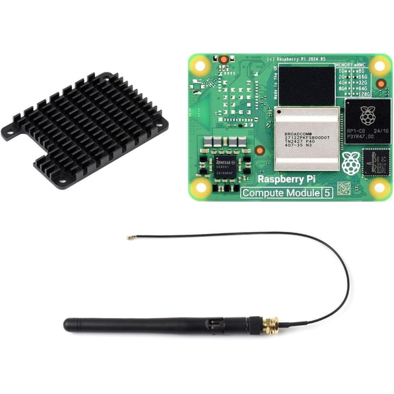 CM5 Pi Compute Module 5Comes with an Official CM5002016 (Without Wireless, 2GB RAM, 16GB eMMC Flash), an Antenna Kit and a HEATSINK. (3 Items)